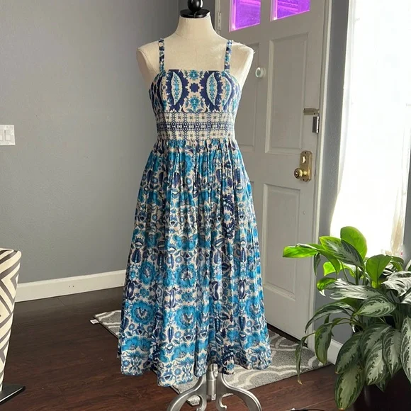 blue floral ruffle tea dress Bell | Lisa Midi Dress in Blue Paisley main image 0